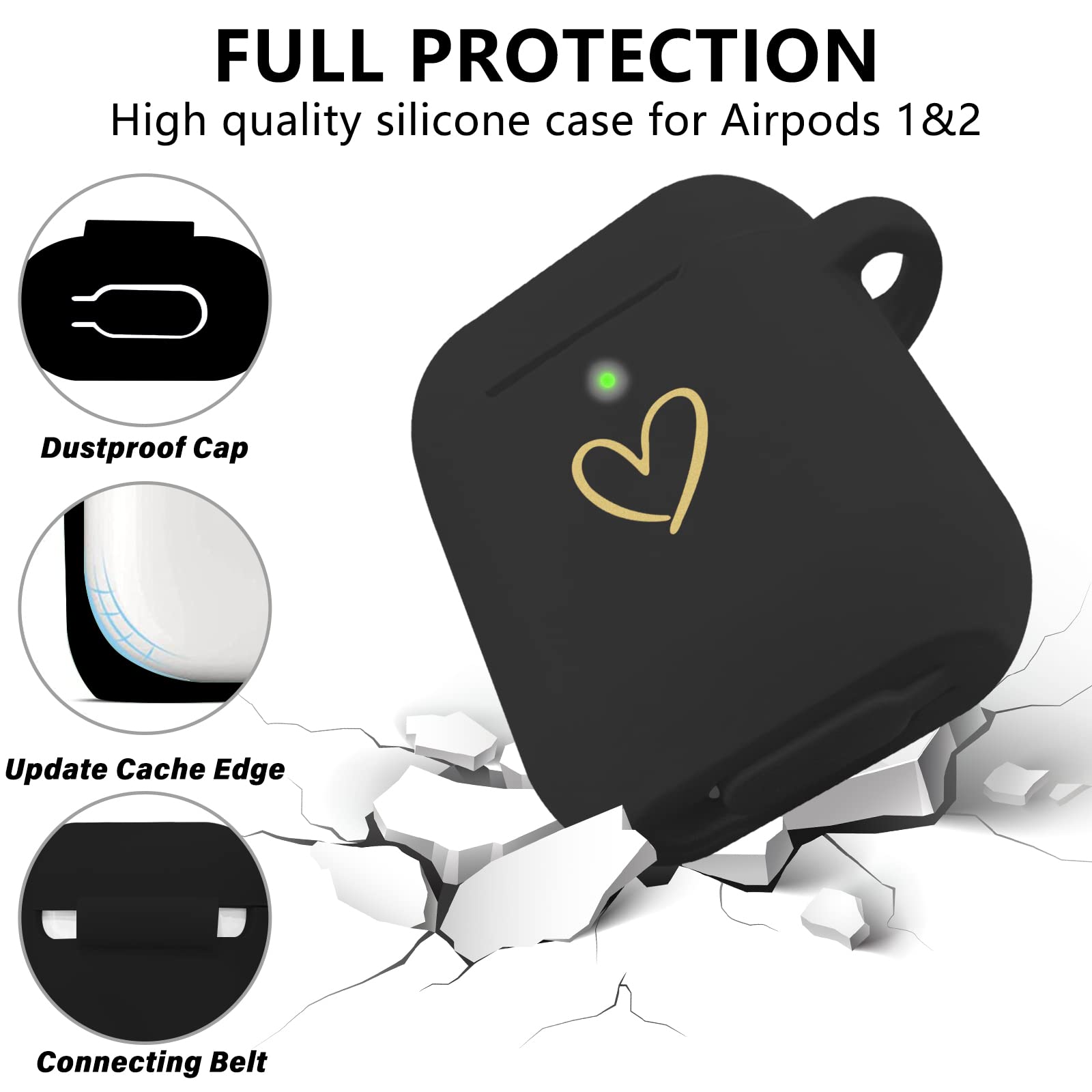 AIIEKZ Compatible with AirPods Case Cover, Soft Silicone Case with Gold Heart Pattern for AirPods 2&1 Generation Case with Rhinestone Studded Letter A-Z Keychain (J Black)