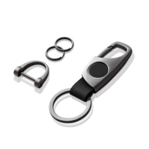 gkeygo carabiner keychain, key chains for car key with 2 key rings and anti-lost d-ring, multifunctional leather keychains for men and women – grey(black leather)