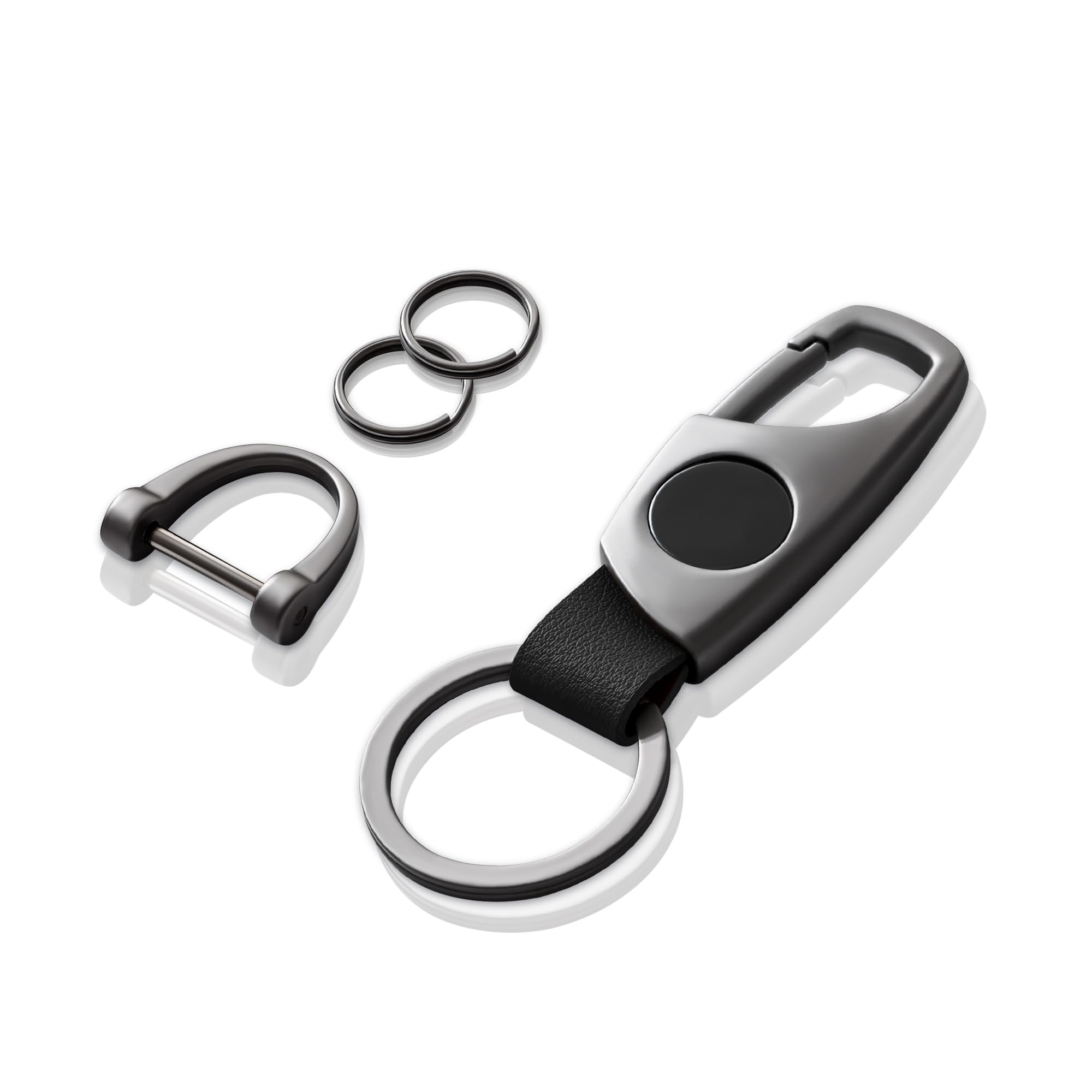 Gkeygo Carabiner Keychain, Key Chains for Car Key with 2 Key Rings and Anti-Lost D-Ring, Multifunctional Leather Keychains for Men and Women – Grey(Black Leather)