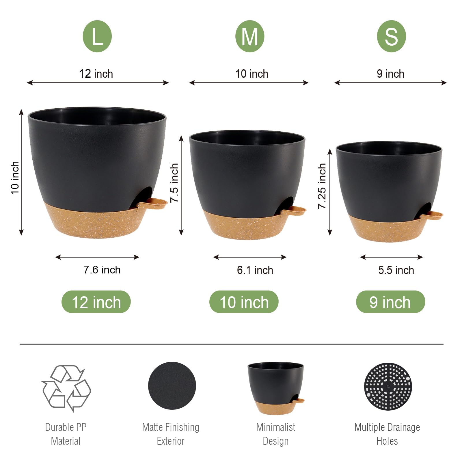 UOUZ Large Self Watering Pots, 12/10/9 Plastic Planters with High Drainage Holes and Deep Reservoir for Indoor Outdoor Garden Plants and Flowers, Black with Brown