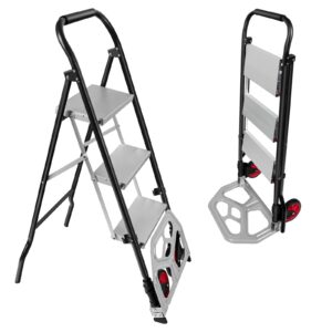 2 in 1 aluminum hand truck & ladder 3 step ladder step stool for adults with wide anti-slip pedal and 6’’ rubber wheels 330lbs capacity sturdy steel ladder portable steel step stool dolly