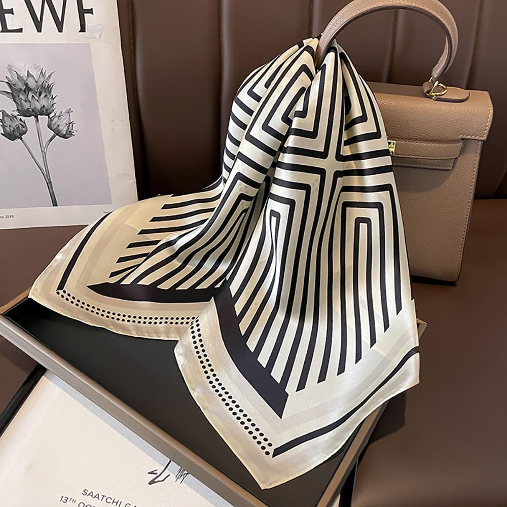 JERLA 100% Pure Mulberry Silk Square Scarf for Hair-26''x26'' Women Men Natural Silk Neckerchief Headscarf (Cream white and black geometry stripe)