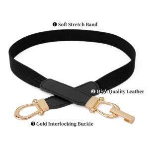 JASGOOD Women Skinny Elastic Belt for Dresses,Thin Retro Stretch Waist Belt with Golden Buckle 2 Pack,Black+White,Fit waist size 26-31 inch