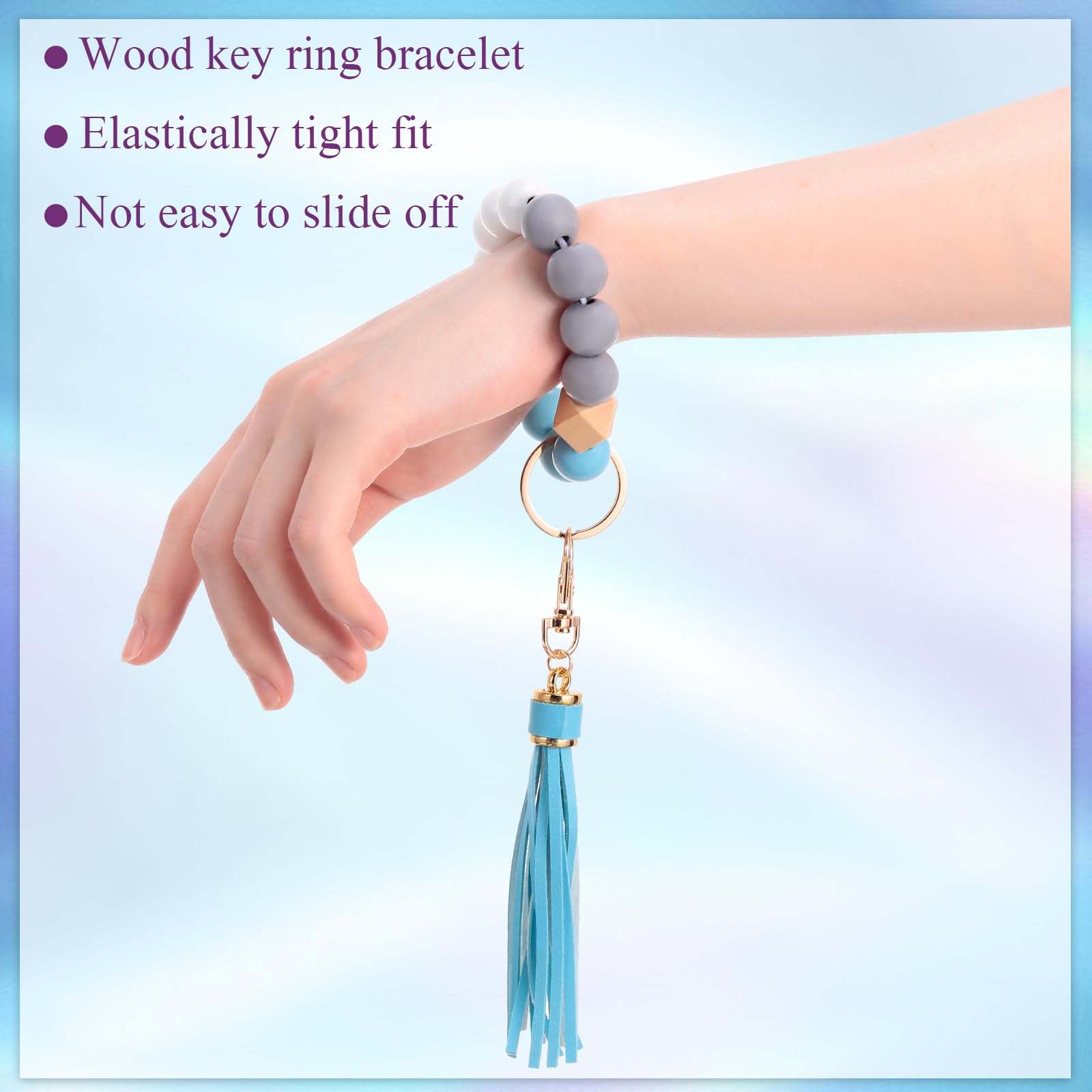 Kigeli 6 Pcs Key Ring Bracelet Portable Car Keychain Holder Wristlet Key Chain Silicone Women Beaded Bangle Chain with Tassel (Classic Color)