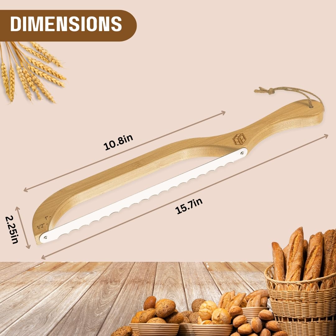 HSQUARE Wooden Bread Bow Knife 16" - Premium Stainless Steel, Fiddle Slicer for Sourdough, Homemade Bread and Bagel, Bread Recipe eBook, Bread Maker Saw Tool - Right Handed