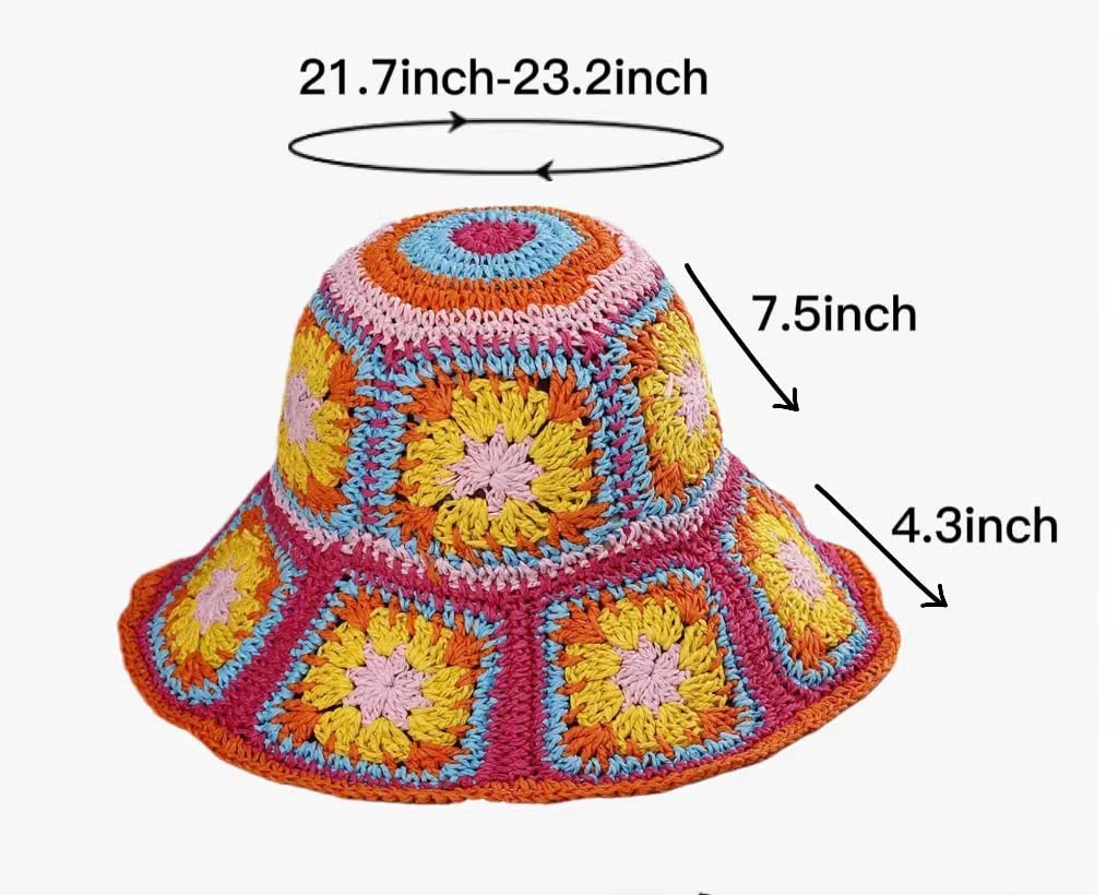 Women Straw Sun Hat Floral Woven Crochet Bucket Hat Y2k Aesthetic Accessories Beach Hat Hand Woven Boho Foldable Cap (Beige,One Size)