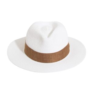 Cmprvgd Women Panama Sun Straw Hat Fedora Travel Wide Brim Packable Summer Beach Hats UPF 50+ White