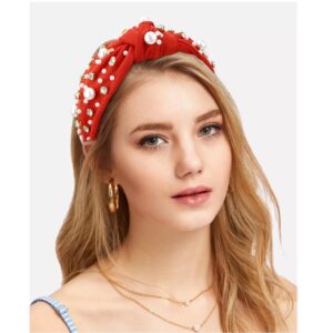 Atoden Red Wide Top Knot Headband with Pearl Rhinestone for Women's Hair Embellished Headbands Non Slip Sparkly Hair Bands Fashion Hair Accessories