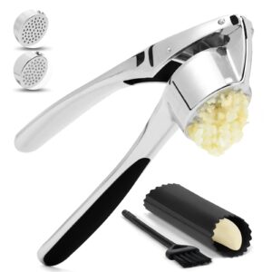 cunsenr garlic press with silicone peeler & brush - garlic mincer tool - easy to use & clean - garlic crusher - rustproof garlic smasher - dishwasher safe - press garlic with ease (bright,silver)