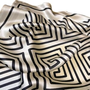 JERLA 100% Pure Mulberry Silk Square Scarf for Hair-26''x26'' Women Men Natural Silk Neckerchief Headscarf (Cream white and black geometry stripe)