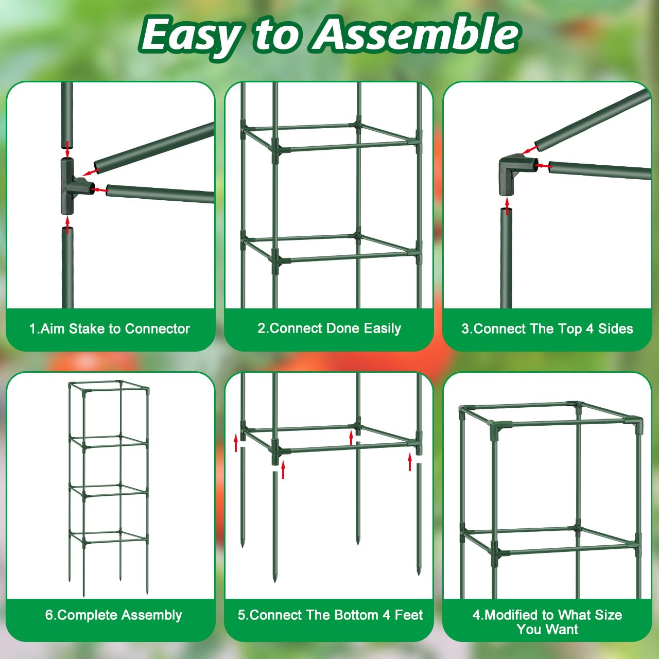 3Pack Tomato Cages for Garden,Square Tomato Plant Cage Support Heavy Duty Pole 57*15.4*15.4 Inches,Steel Plant Tower Stakes,Cherry Tomato Trellis Cucumber for Climbing Vegetables Flowers Fruits-Green