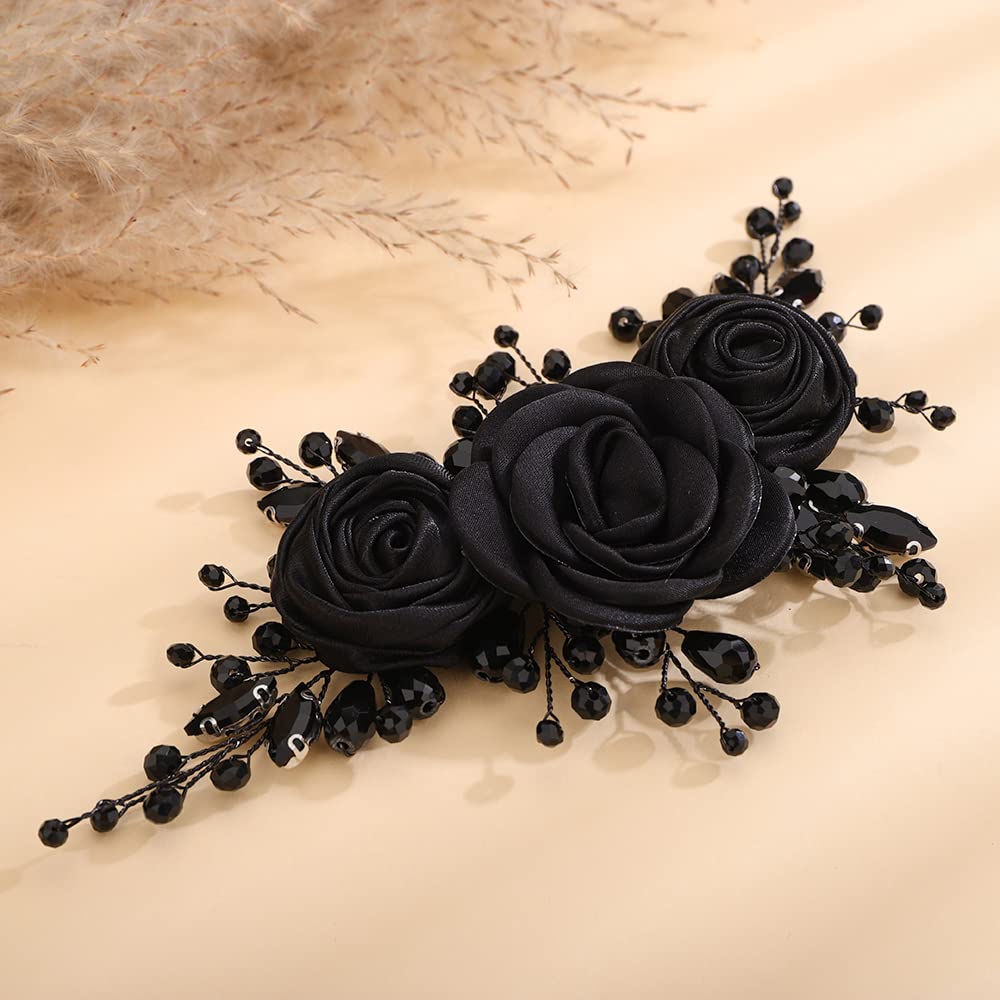 Teyglen Bridal Wedding Headband Black Flower Headband Floral Crystal Hair Pieces Handmade Black Rhinestone Headpiece Hair Accessories for Women Bride Girls