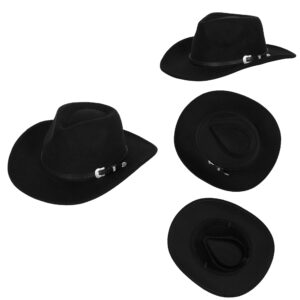 Western Felt Cowboy Cowgirl Hat - Wide Brim Panama Jazz Fedora Hat with Floral Engraved Buckle Belt Decoration 22.4" to 22.8" Black