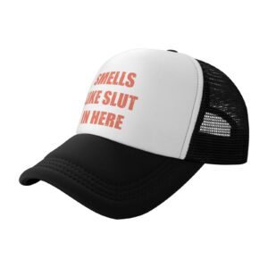 smells like slut in here funny baseball cap adjustable trucker hats sports hat men women funny gift mesh fishing cap black