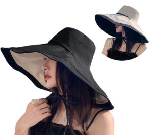 packable large brim sun hat for women - 6.7" wide-brim uv-protection women's-sun-beach-hats with strap black