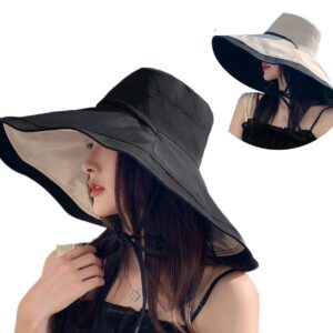 Packable Large Brim Sun Hat for Women - 6.7" Wide-Brim UV-Protection Women's-Sun-Beach-Hats with Strap Black