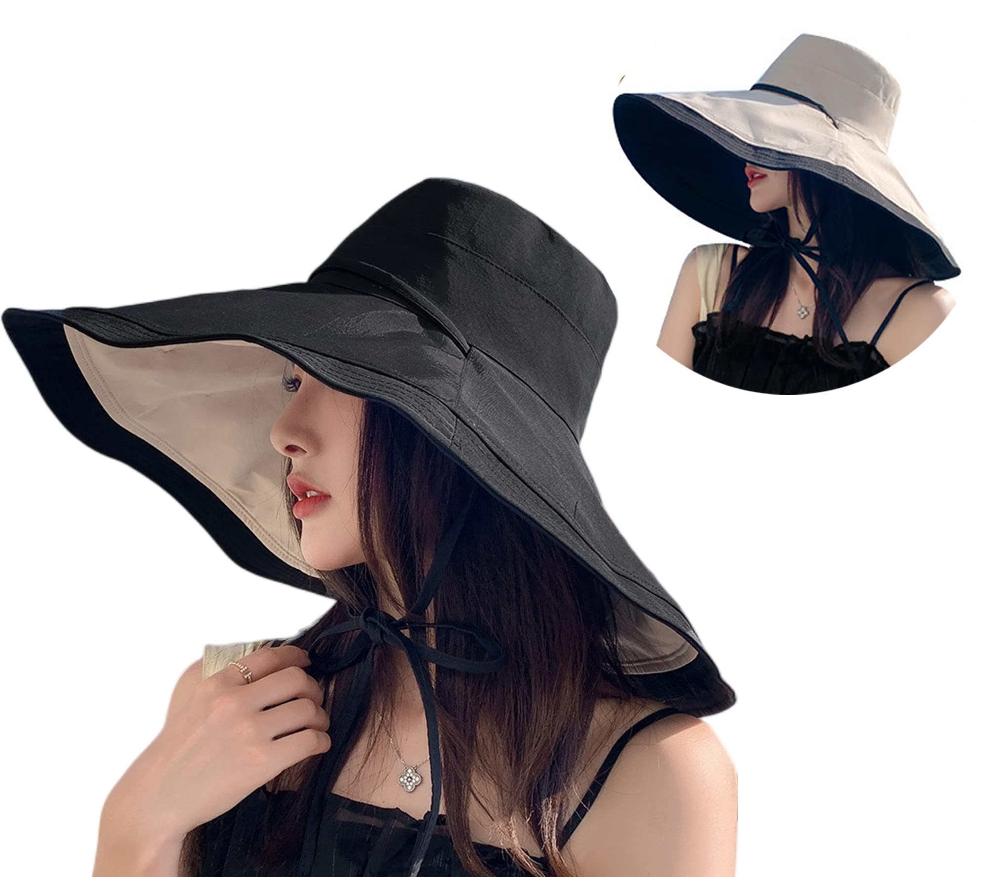 Packable Large Brim Sun Hat for Women - 6.7" Wide-Brim UV-Protection Women's-Sun-Beach-Hats with Strap Black