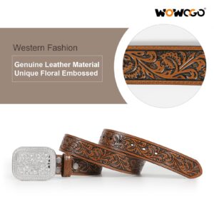 WOWOGO Women Men Western Genuine Leather Belt Cowgirl Cowboy Floral Engraved Tooled Belt Strap Embossed Scrollwork Buckle