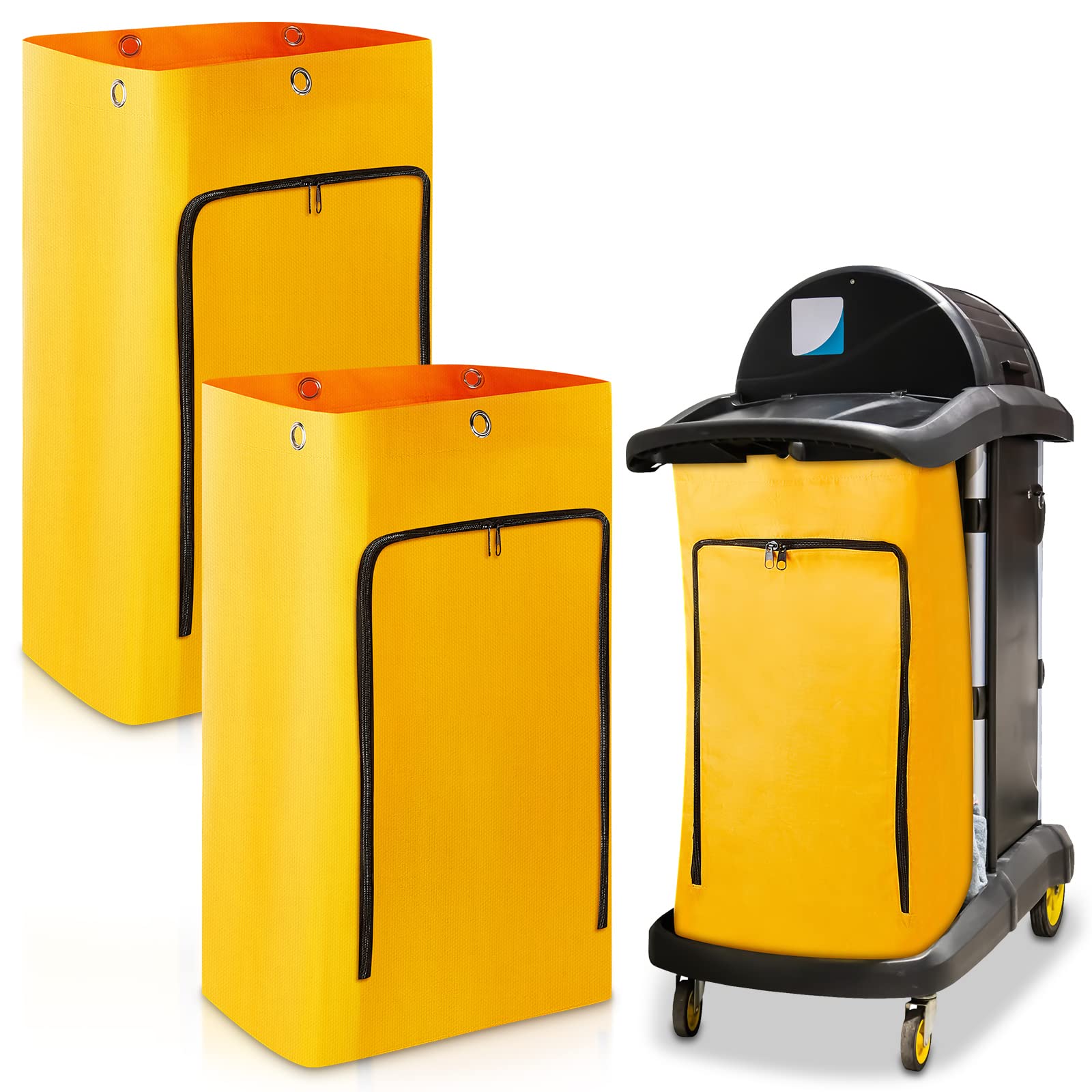 2 Pack Cleaning Cart Bag Zippered Front Replacement Janitorial Cart Bag 24 Gallon Large Capacity Commercial Cleaning Bags for Cleaning Cart Housekeeping Carts, Yellow, 26.5 x 15.5 x 10.5 Inch