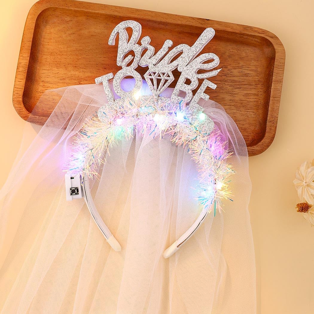 JEAIRTS Light Up Bride Veil Headband LED Bride To Be Hair Hoop Glitter Wedding Veil Headpiece Bachelorette Party Hair Accessories for Women and Girls