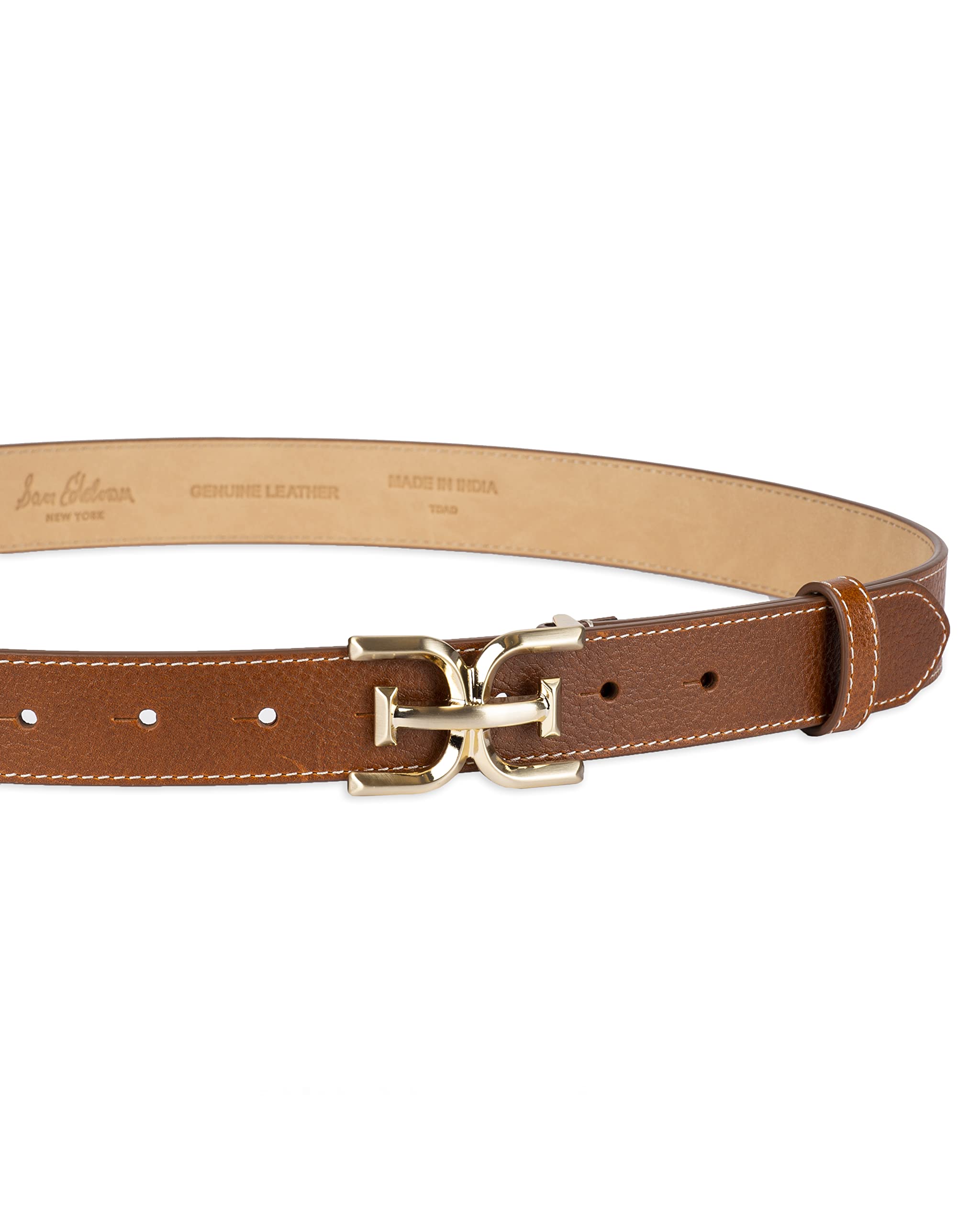 Sam Edelman Women's Slim Stitched Edge Double-E Plaque Buckle Belt, Saddle, Medium