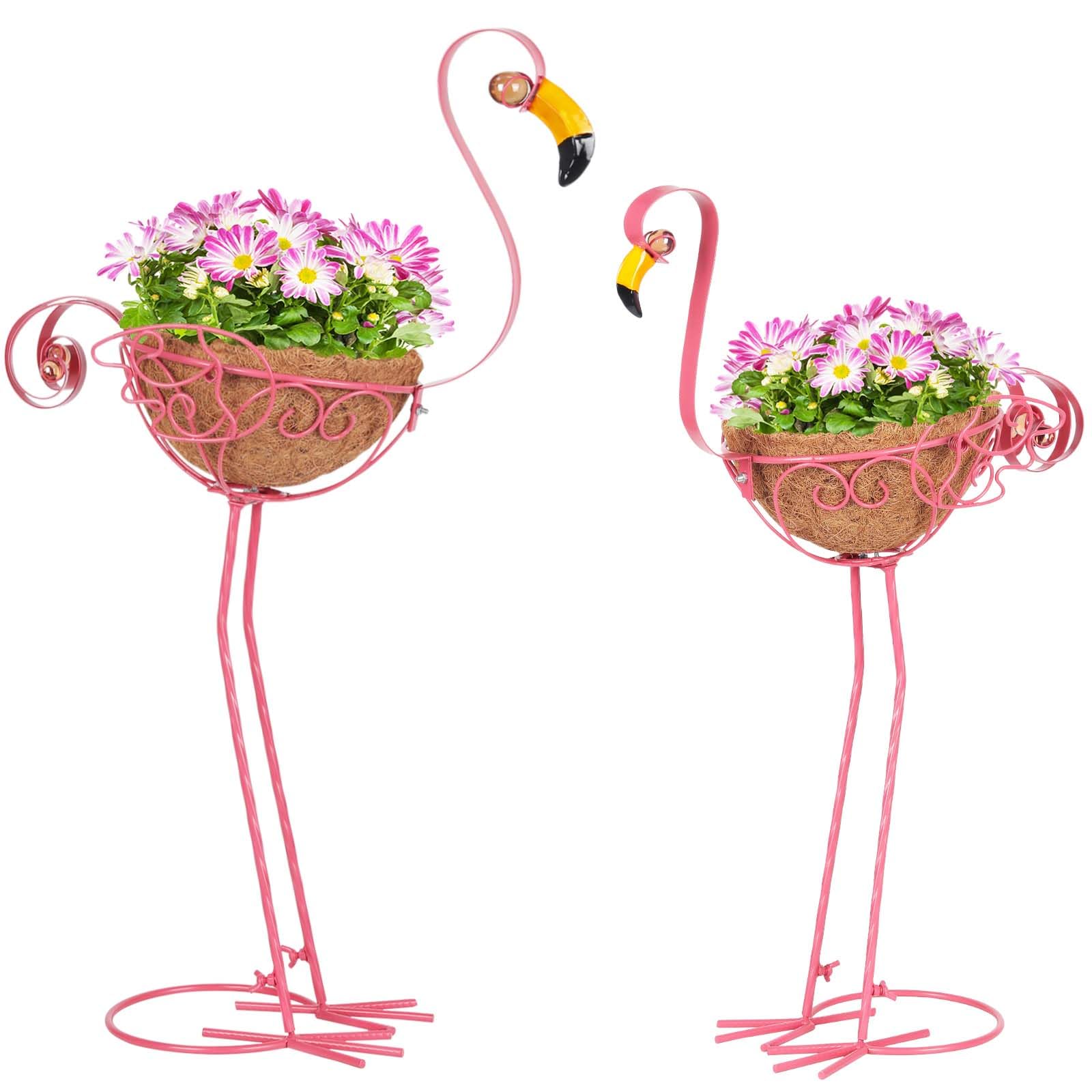 Kikth Set of 2 Pink Metal Flamingo Planters with Basket for Indoor Outdoor Garden Yard Decor