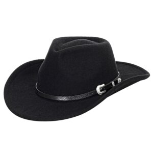 western felt cowboy cowgirl hat - wide brim panama jazz fedora hat with floral engraved buckle belt decoration 22.4" to 22.8" black