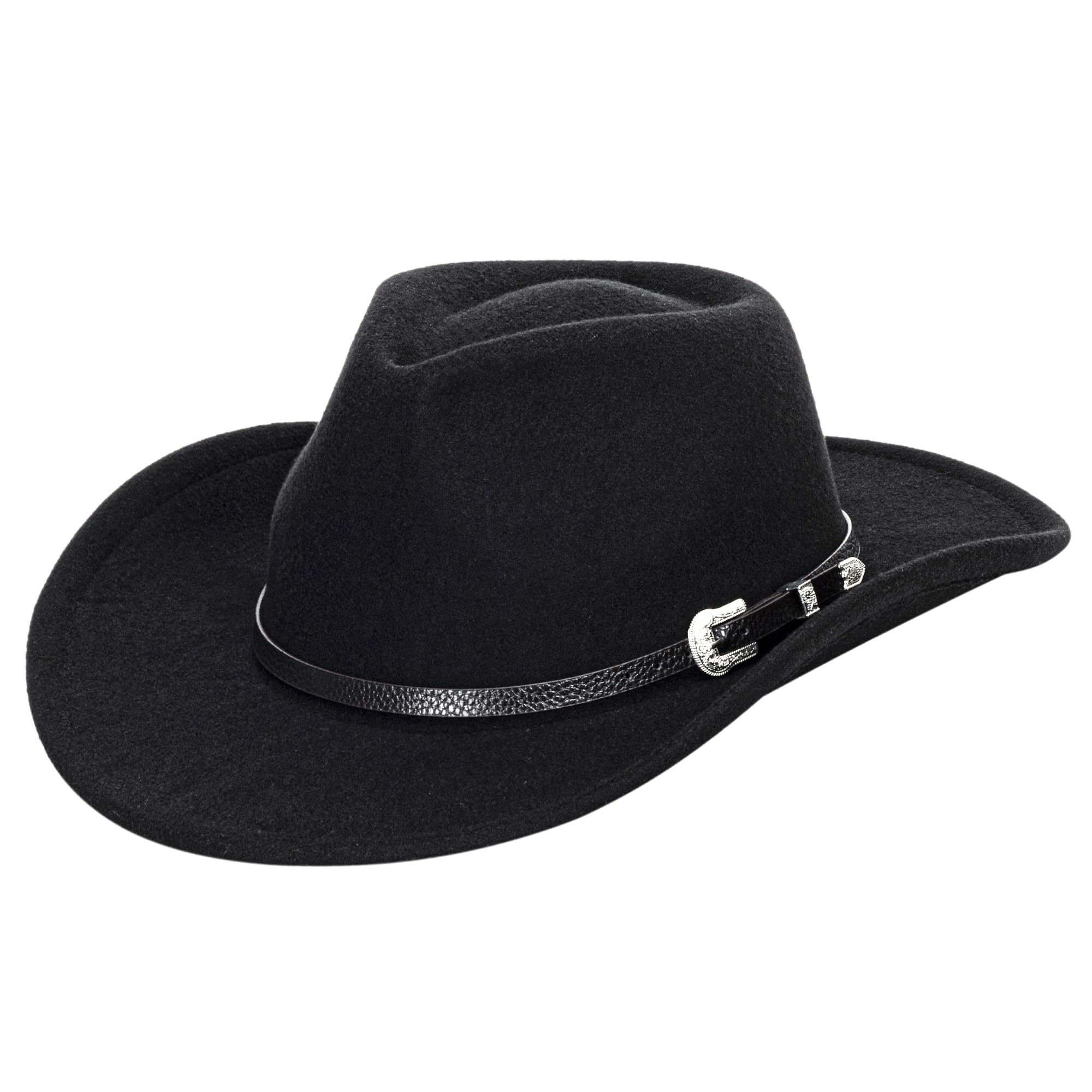 Western Felt Cowboy Cowgirl Hat - Wide Brim Panama Jazz Fedora Hat with Floral Engraved Buckle Belt Decoration 22.4" to 22.8" Black