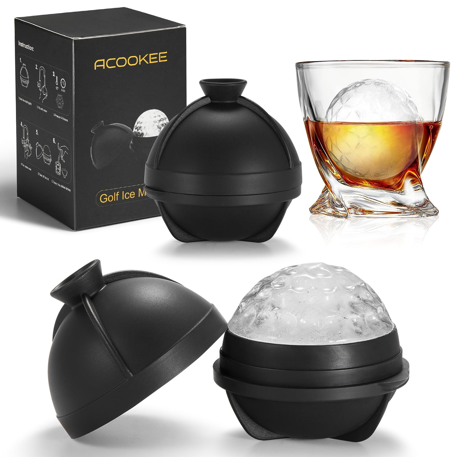 ACOOKEE Novelty Golf Ball Ice Maker Mold Set of 2, Funny Golf Gifts for Men Golfers, 2.5" Large Sphere Round Ice Cube Molds for Whiskey, Bourbon, Cocktails