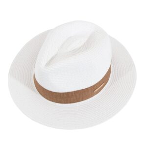 Cmprvgd Women Panama Sun Straw Hat Fedora Travel Wide Brim Packable Summer Beach Hats UPF 50+ White