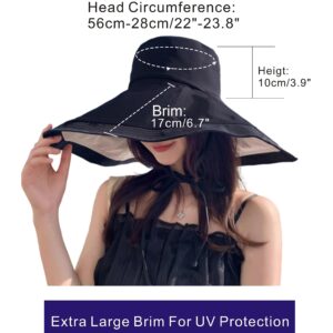 Packable Large Brim Sun Hat for Women - 6.7" Wide-Brim UV-Protection Women's-Sun-Beach-Hats with Strap Black