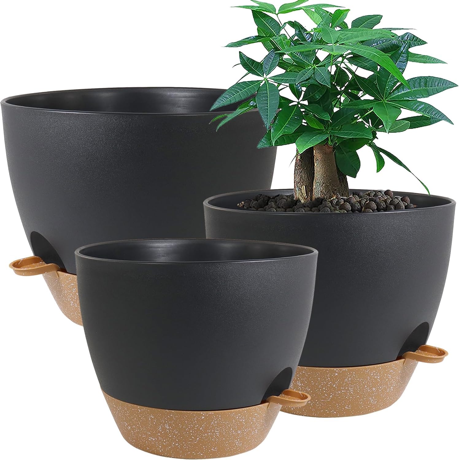 UOUZ Large Self Watering Pots, 12/10/9 Plastic Planters with High Drainage Holes and Deep Reservoir for Indoor Outdoor Garden Plants and Flowers, Black with Brown