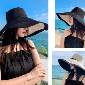 Packable Large Brim Sun Hat for Women - 6.7" Wide-Brim UV-Protection Women's-Sun-Beach-Hats with Strap Black