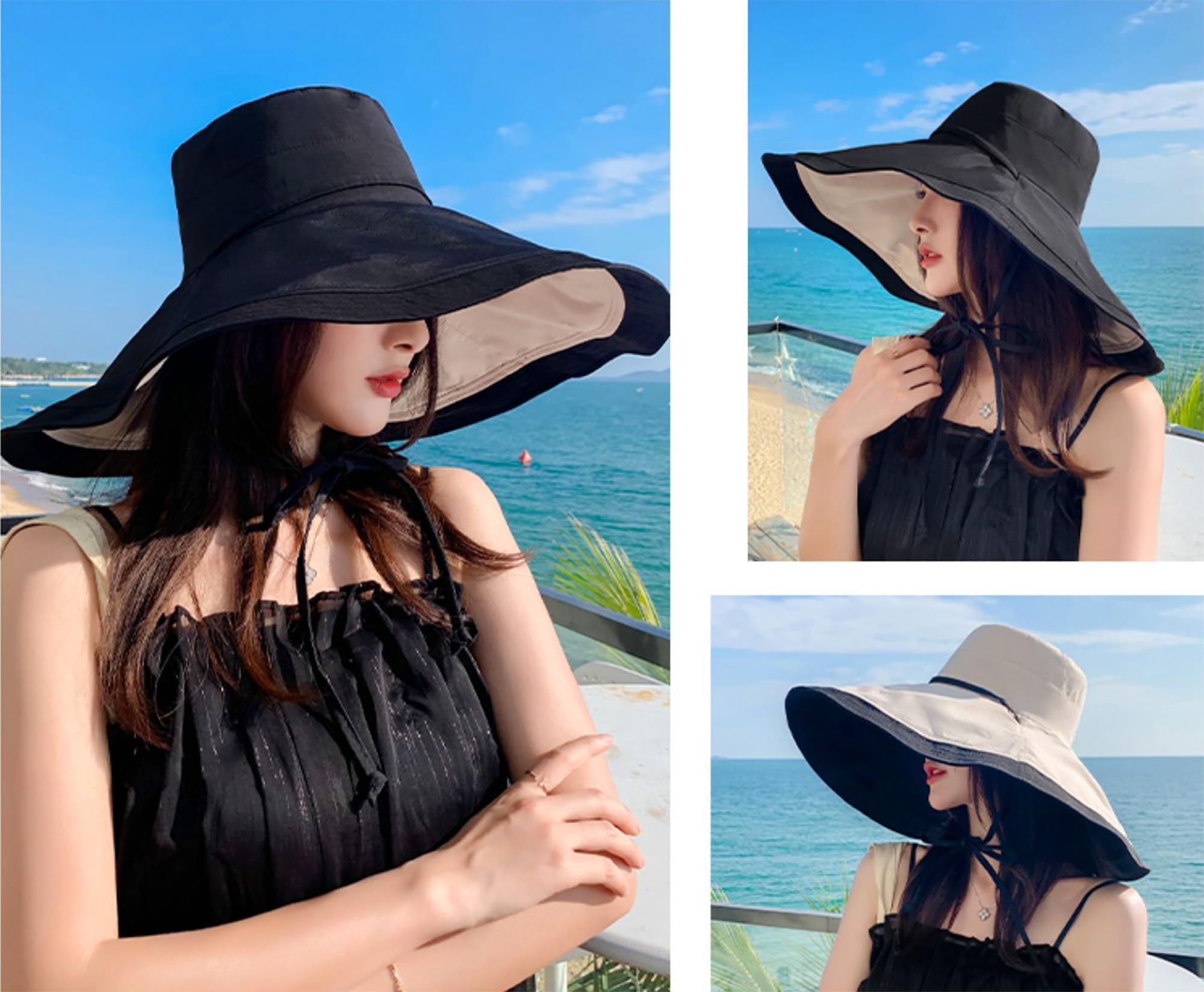 Packable Large Brim Sun Hat for Women - 6.7" Wide-Brim UV-Protection Women's-Sun-Beach-Hats with Strap Black