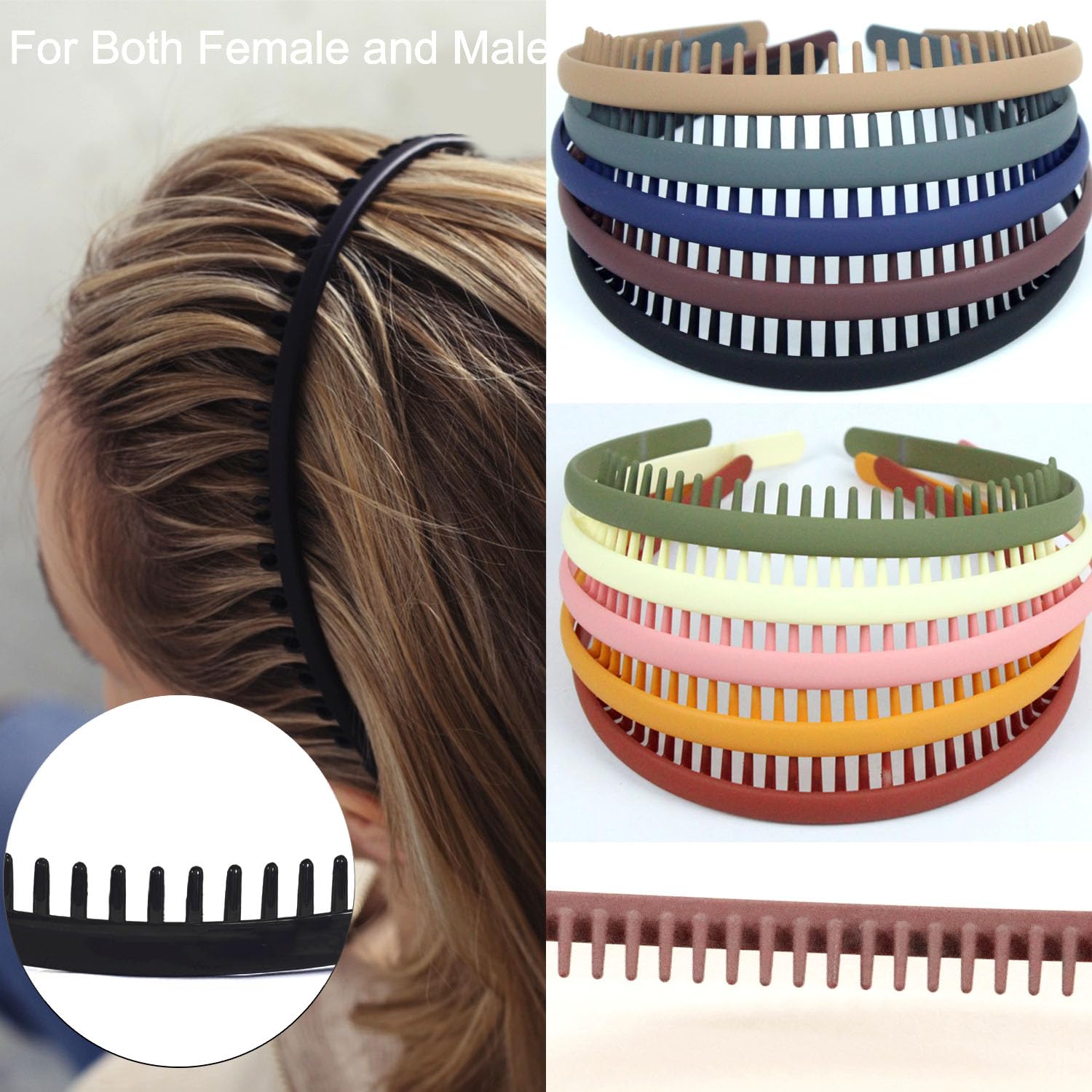 LAPOHI 10 PCS Non Slip Fashion Effortless Plastic Headbands with Teeth Comb Skinny Hair Bands for Women Men Teen Girls, Short Teeth Morandi