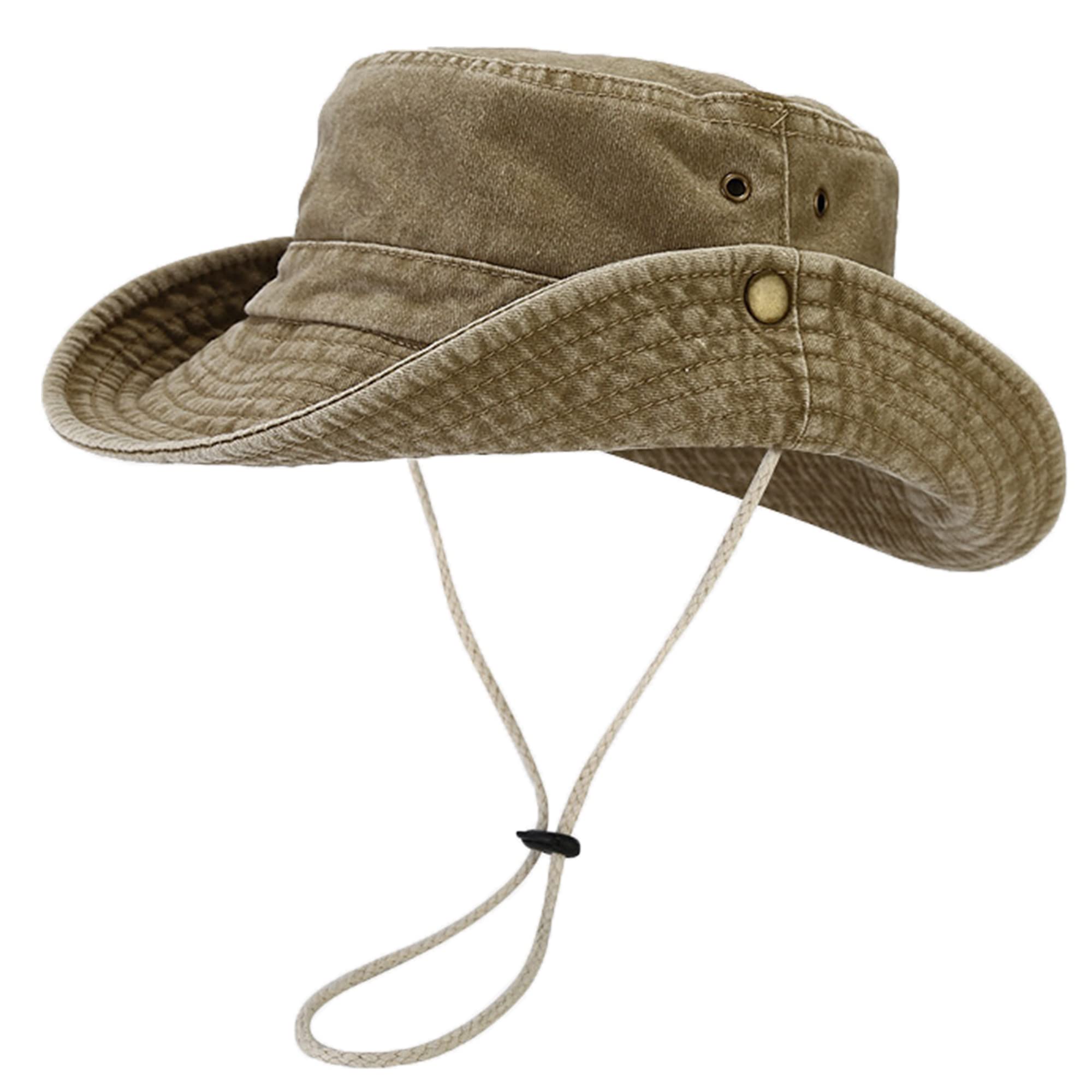 Unisex Cotton Boonie Hat Summer Outdoor Packable Fishing Bucket Hat Beach Sun Hat with String for Women Men (US, Alpha, One Size, Retro Khaki)