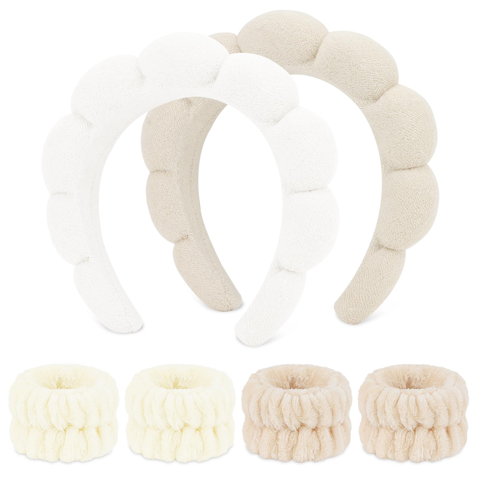 WHAVEL 6PCS Terry Cloth Spa Headband and Wristband Set, Makeup Headband Puffy Sponge Headband Face Wash Headband Hair Band Wrist Towels for Washing Face Women Girls (Beige, Light Coffee)