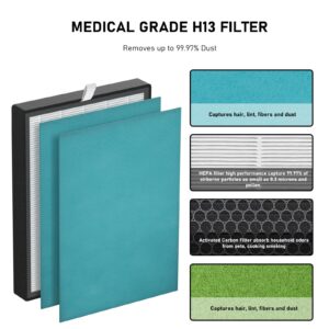 KJ203F True HEPA Replacement Filter Compatible with Colzer 142C, Mooka KJ203F, Elechomes KJ203F-142, PURO XYGEN P500 Air Cleaner Purifier, Model Number KJ203F-142-01-D, 2 HEPA Filter + 4 Pre-filter