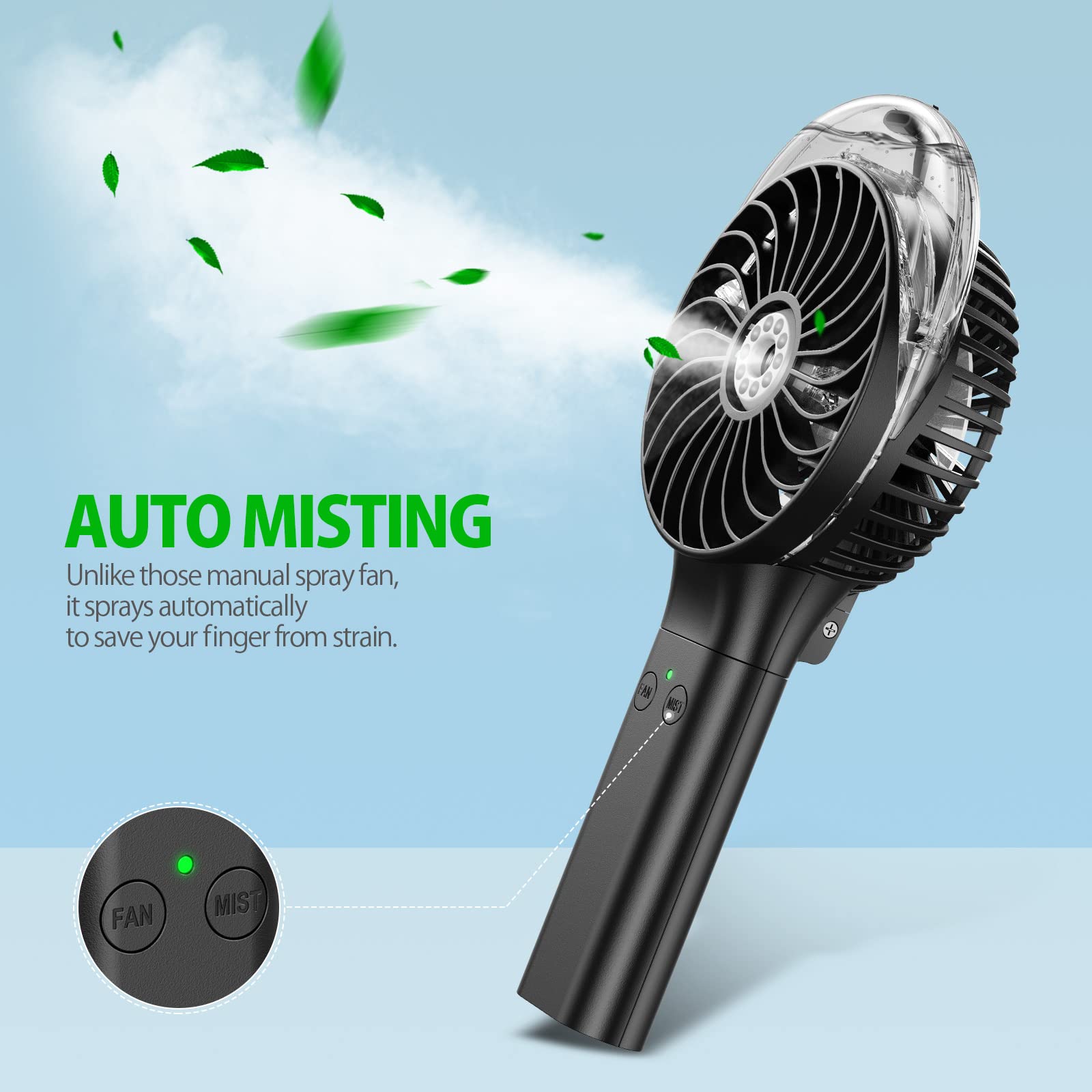 MORECORE Portable Handheld Misting Fan, Battery Operated Personal Spray Water Mist Fan, Rechargeable Mister Fan, Mini Foldable Fan for Disney Travel Makeup Beach Outdoors (Black)