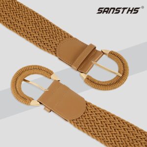 SANSTHS Women Braided Rattan Wide Belt Woven Waist Belt With Half-Circle Buckle for Summer Dress Jeans Pants,brown,M