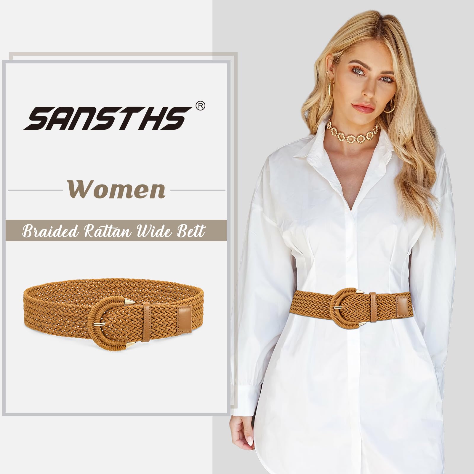 SANSTHS Women Braided Rattan Wide Belt Woven Waist Belt With Half-Circle Buckle for Summer Dress Jeans Pants,brown,M