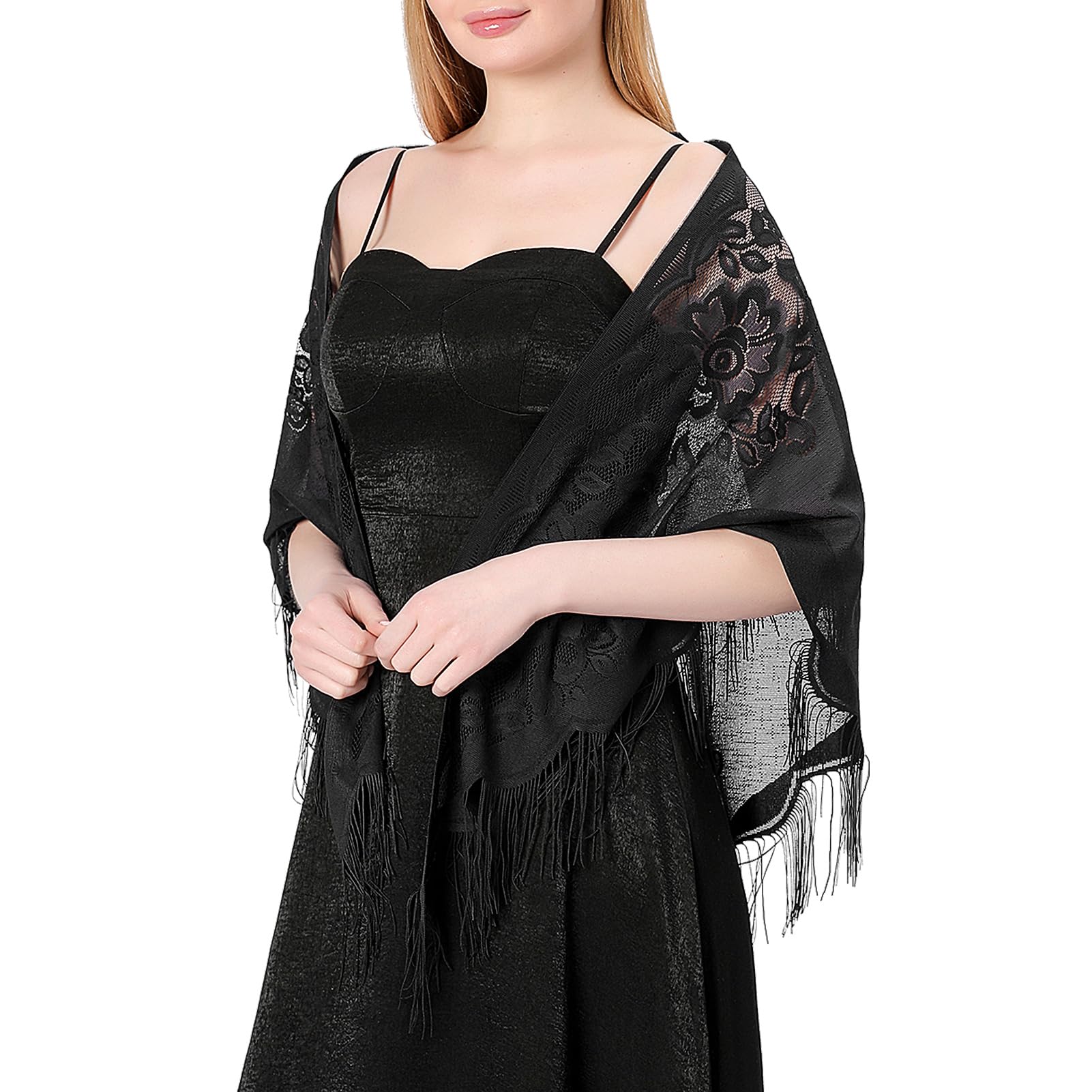 Ladiery Triangle Lace Shawls and Wraps for Evening Dresses with Tassels for Evening Party Mesh Wedding Shawls