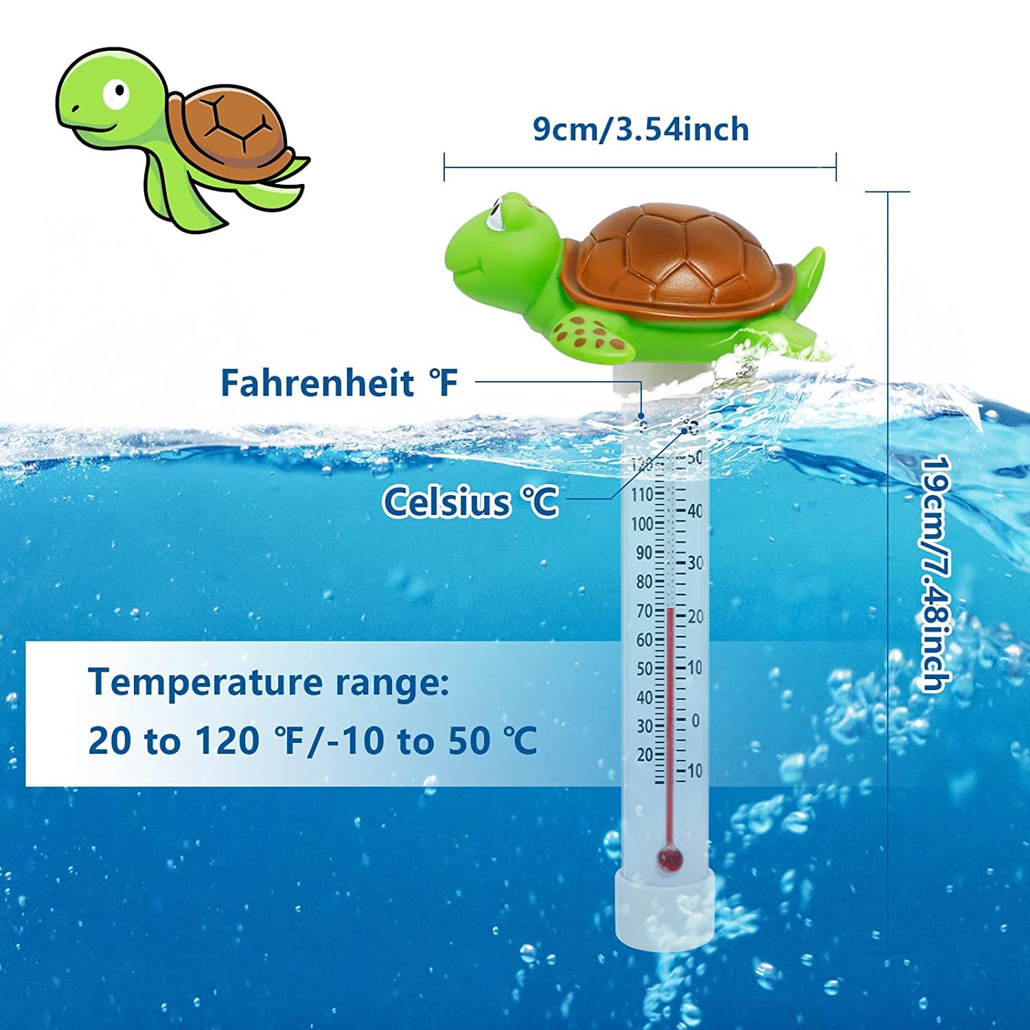 Floating Pool Thermometer, Large Display with String Easy to Read, Shatter Resistant, for Outdoor & Indoor Swimming Pools, Spas, Hot Tubs & Aquariums (Turtle)