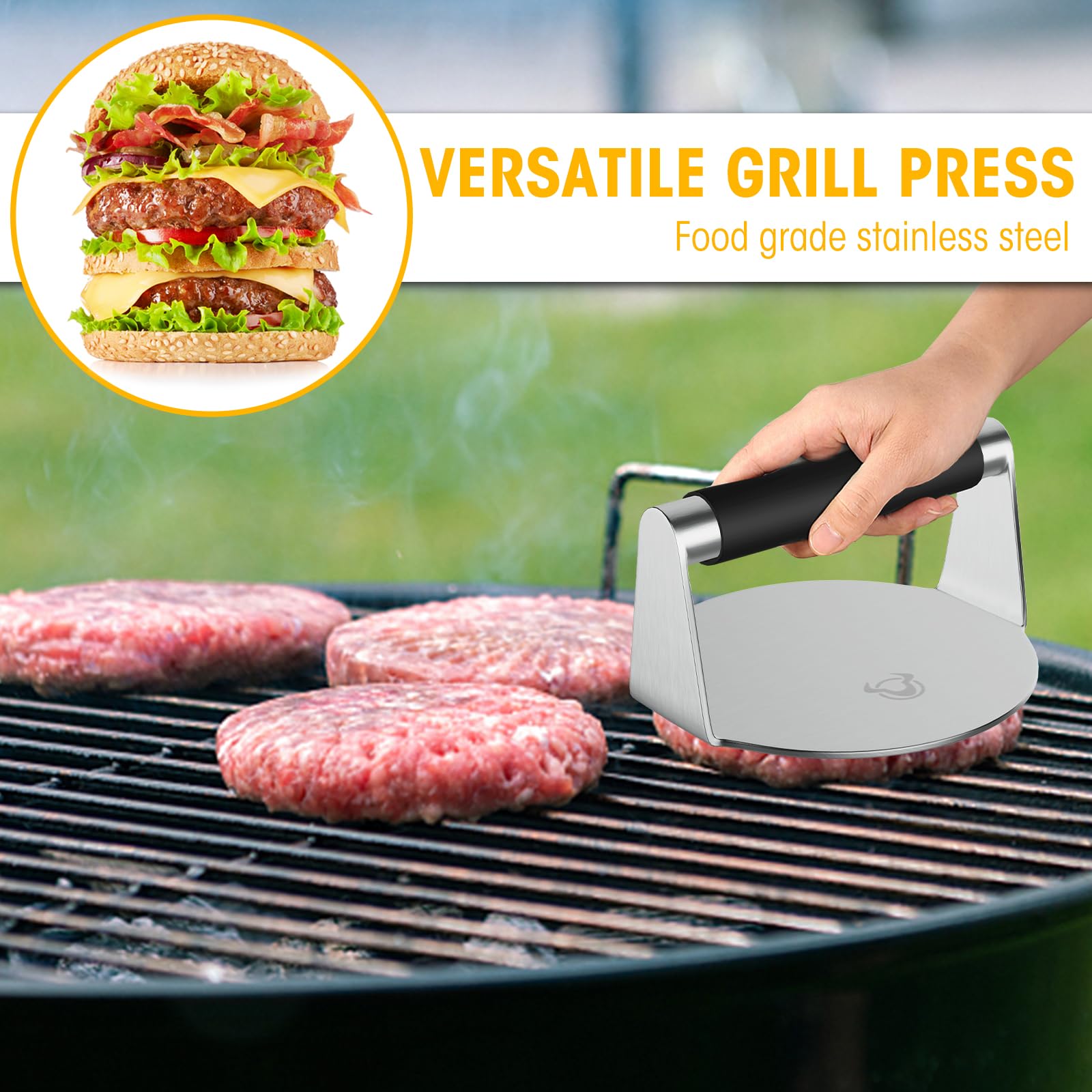 PMYEK Smash Burger Press with Anti-Scald Handle, 5.5 Inch Hamburger Smasher Tool, Meat Bacon Grill Tortilla Press, Patty Maker, Professional Griddle Accessories, Grill Press- Cooking Essentials