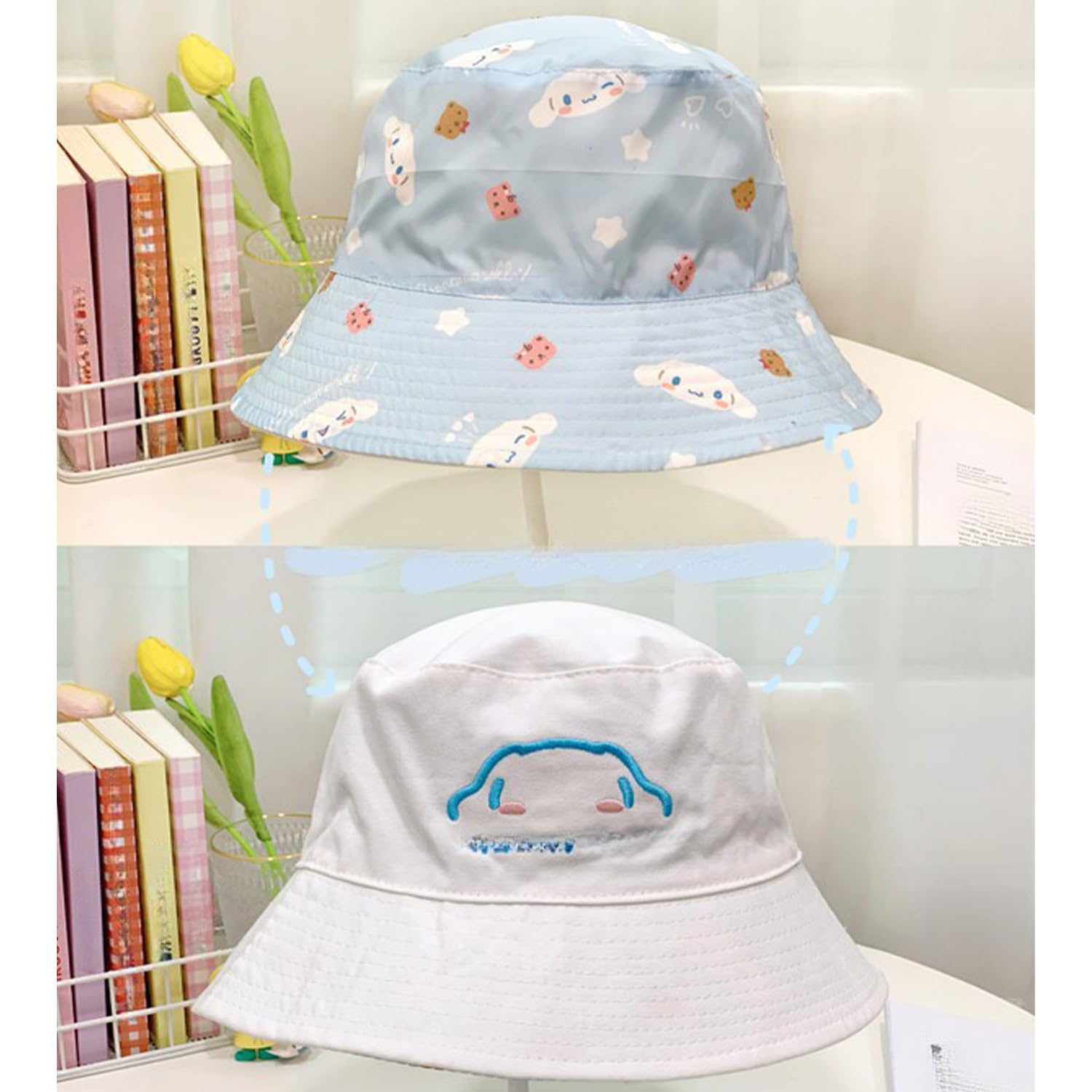 Kawaii Dog Bucket Hat for Women, Cotton Print Double-Side-Wear Reversible Bucket Hat, Trendy Lightweight Fishing Cap Sun Hats for Outdoor Summer Beach Travel