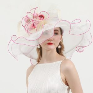 ORIDOOR Women Organza Fascinator Kentucky Hat Derby Floral Tea Party Wedding Hat A865 Pink White …