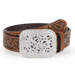 wowogo women men western genuine leather belt cowgirl cowboy floral engraved tooled belt strap embossed scrollwork buckle