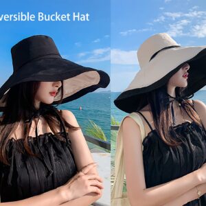 Packable Large Brim Sun Hat for Women - 6.7" Wide-Brim UV-Protection Women's-Sun-Beach-Hats with Strap Black