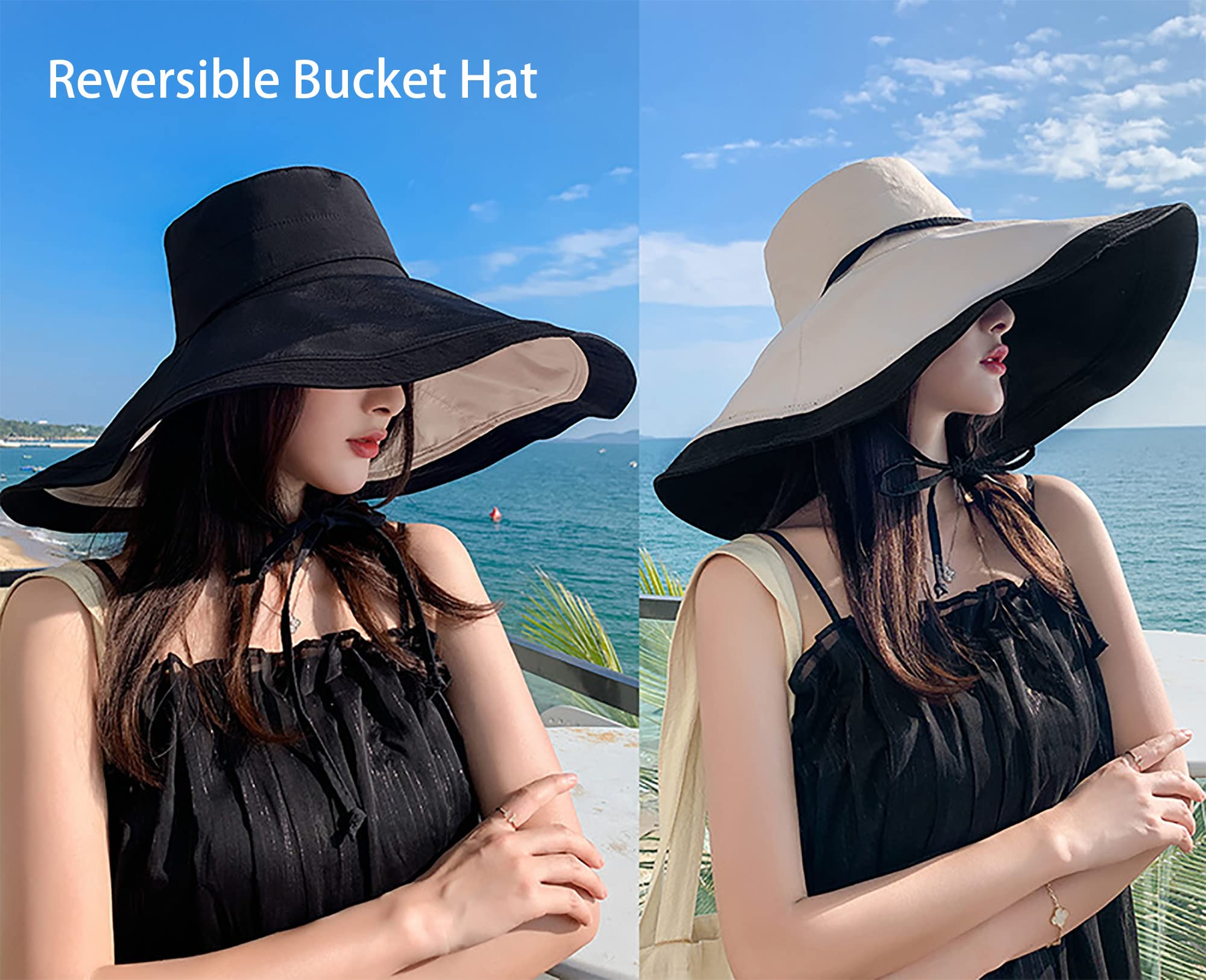 Packable Large Brim Sun Hat for Women - 6.7" Wide-Brim UV-Protection Women's-Sun-Beach-Hats with Strap Black