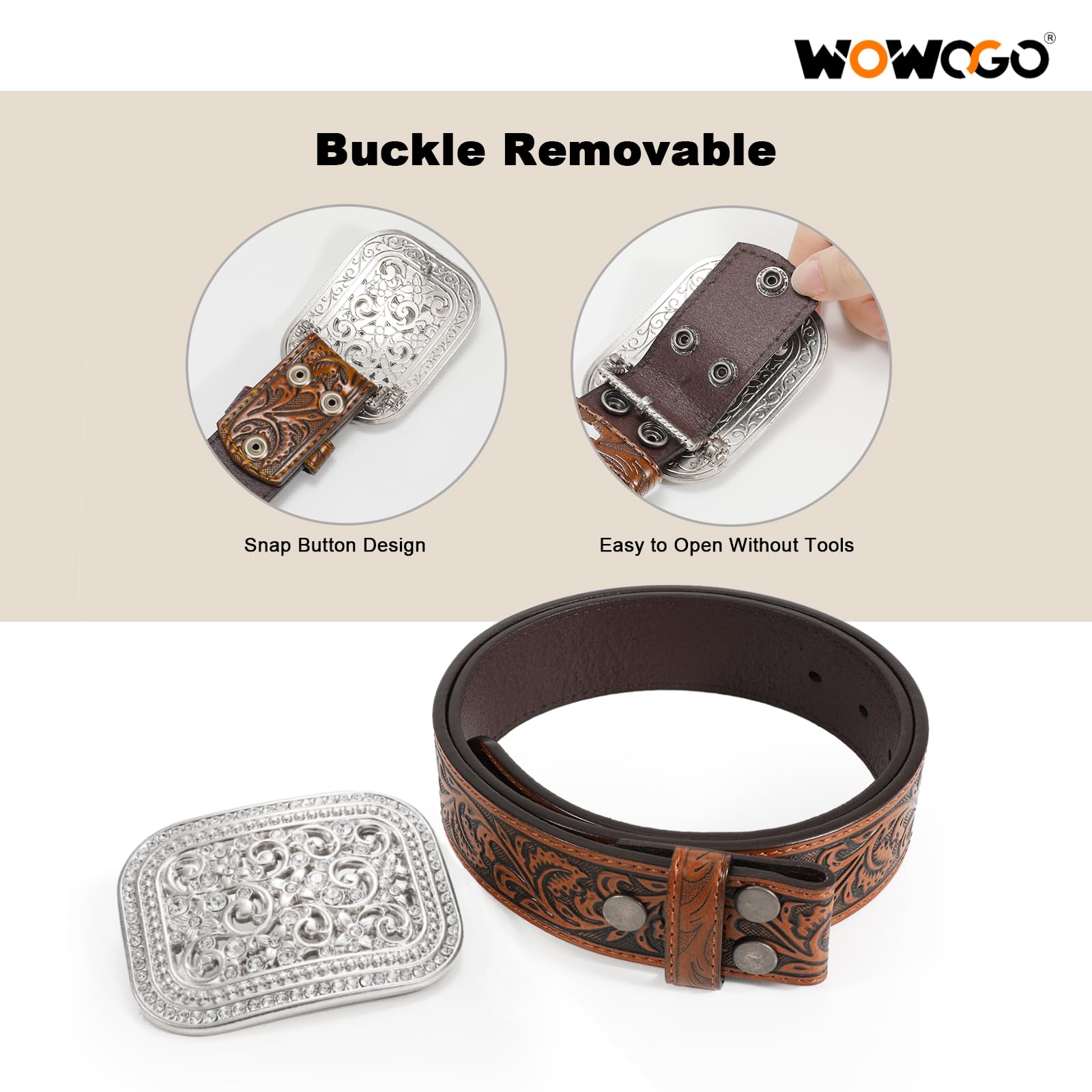 WOWOGO Women Men Western Genuine Leather Belt Cowgirl Cowboy Floral Engraved Tooled Belt Strap Embossed Scrollwork Buckle